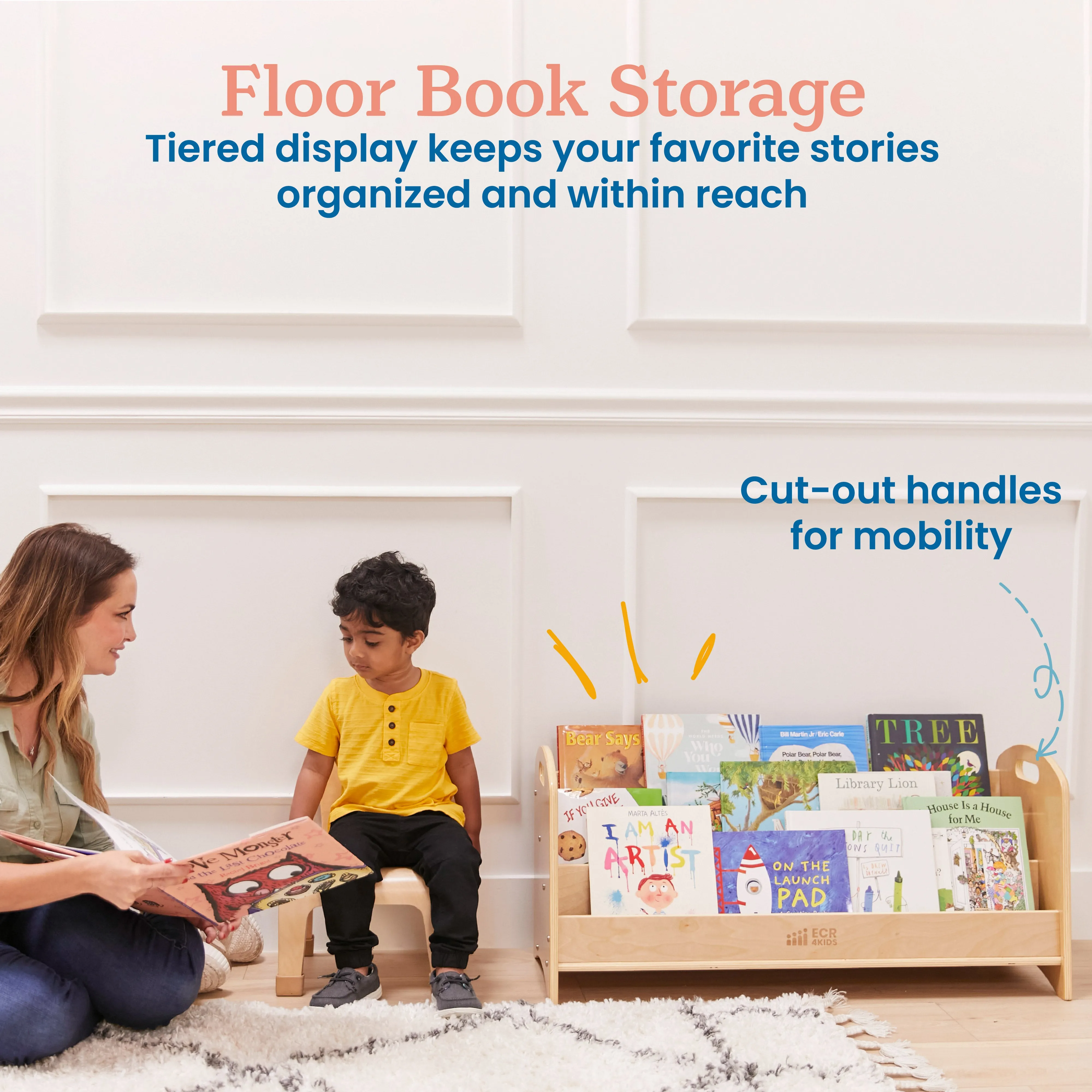 3-Shelf Floor Book Display with Handles, Beginner Bookshelf