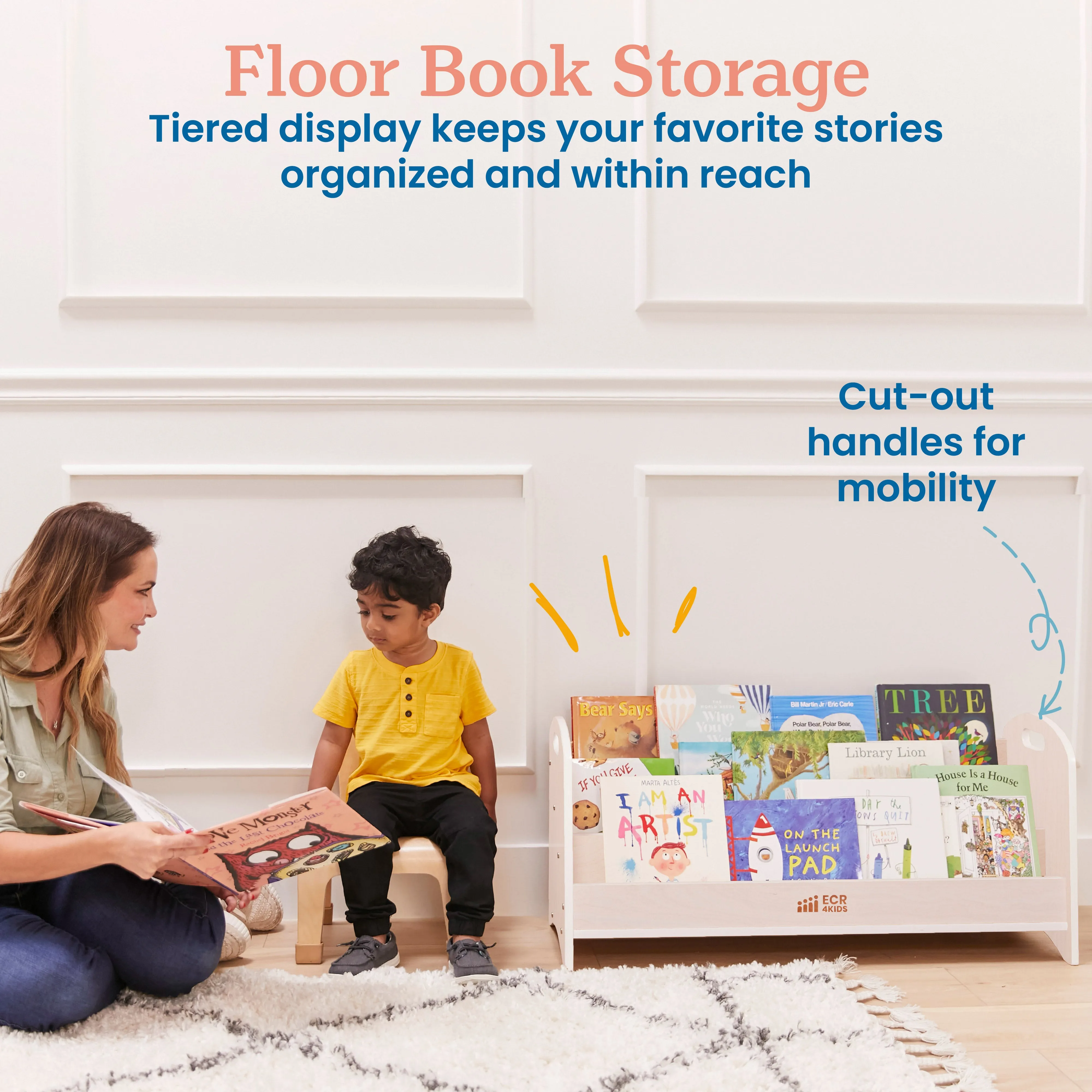 3-Shelf Floor Book Display with Handles, Beginner Bookshelf