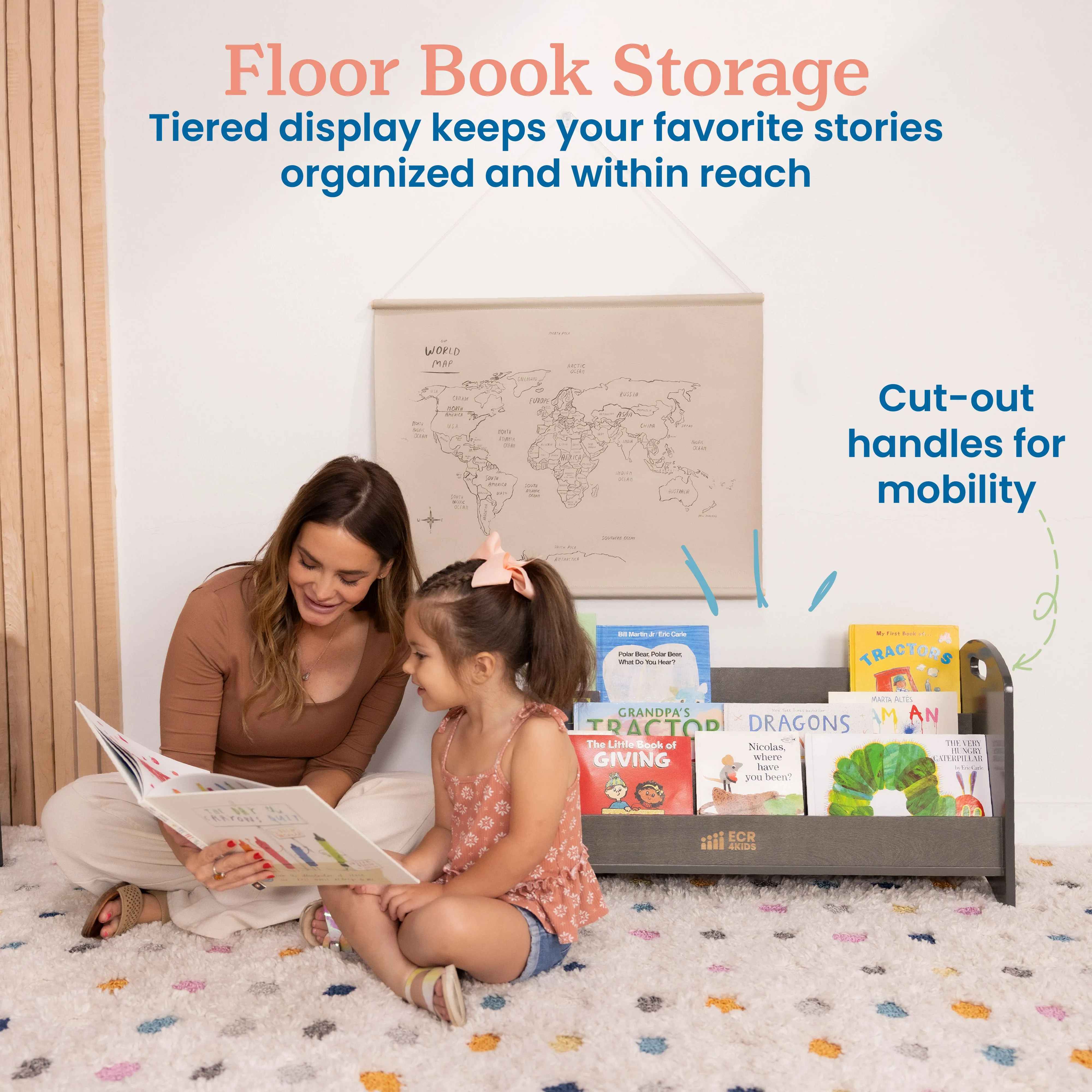 3-Shelf Floor Book Display with Handles, Beginner Bookshelf