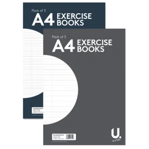 A4 Lined Exercise Books - 3 Pack Assorted Neatly Ruled Pages Writing Durable