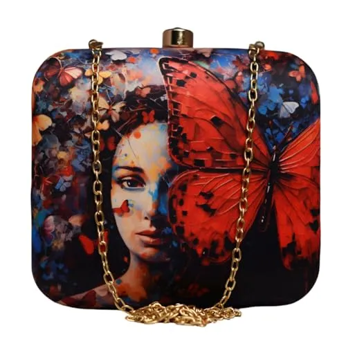 Artklim Red Butterfly Portrait Women Face Printed Clutch