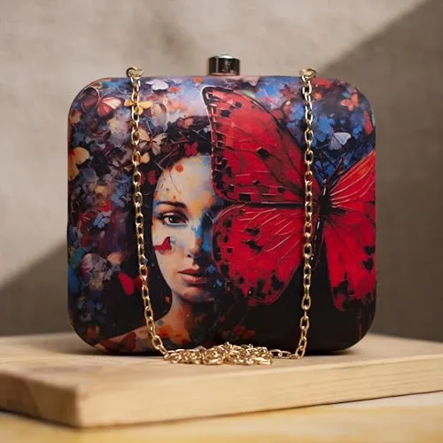 Artklim Red Butterfly Portrait Women Face Printed Clutch