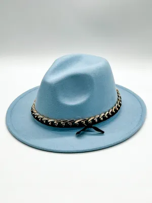 Baby Blue Fedora Hat with Removable Gold Chain Band