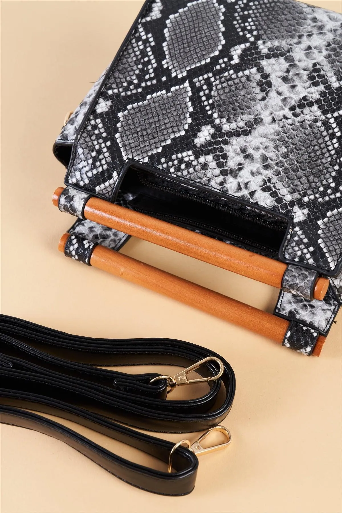 Black And White Vegan Python Snake Print Mini Handbag With Bamboo Trim /3 Bags