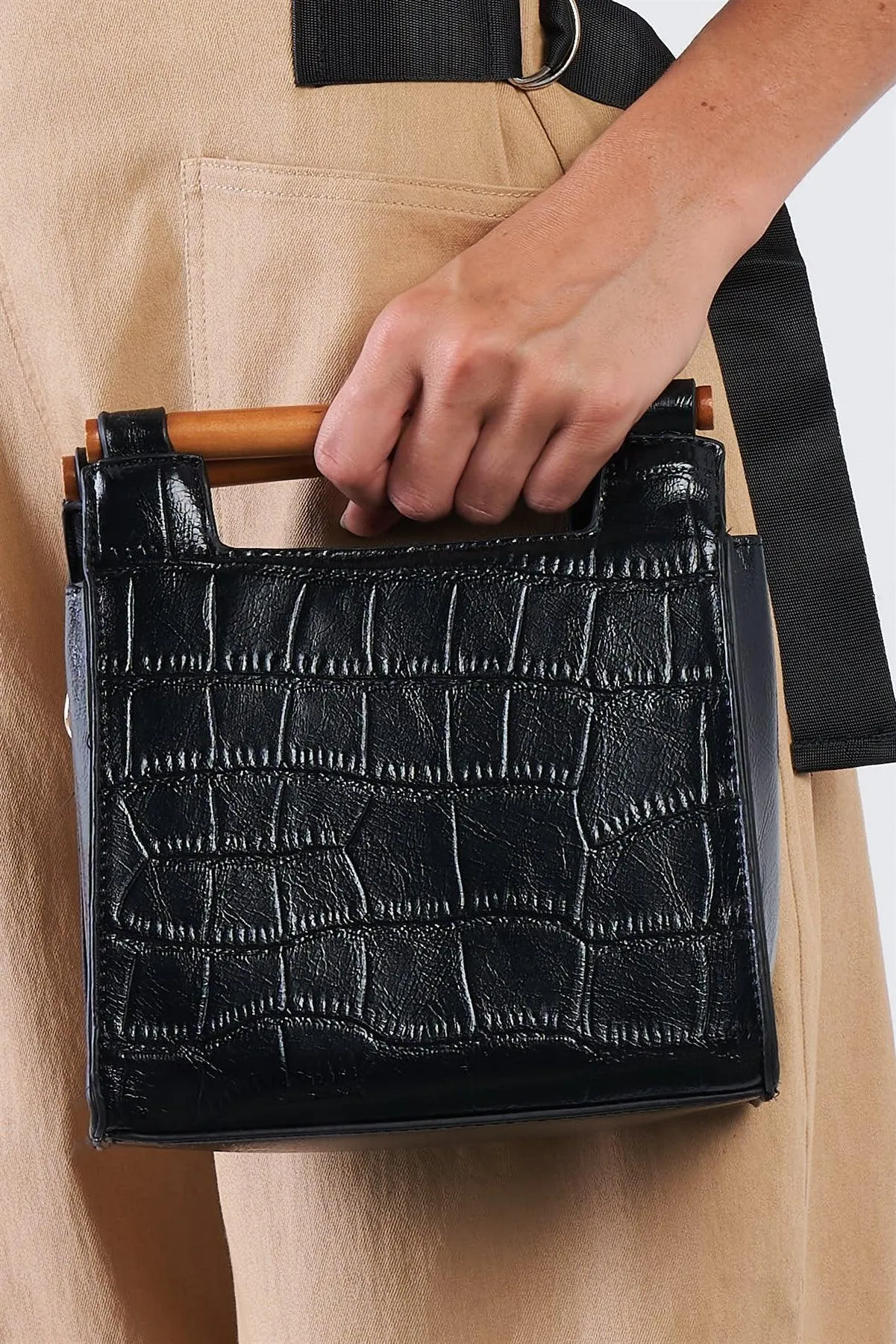 Black Vegan Alligator Mini Handbag With Bamboo Trim /3 Bags