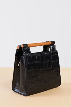 Black Vegan Alligator Mini Handbag With Bamboo Trim /3 Bags