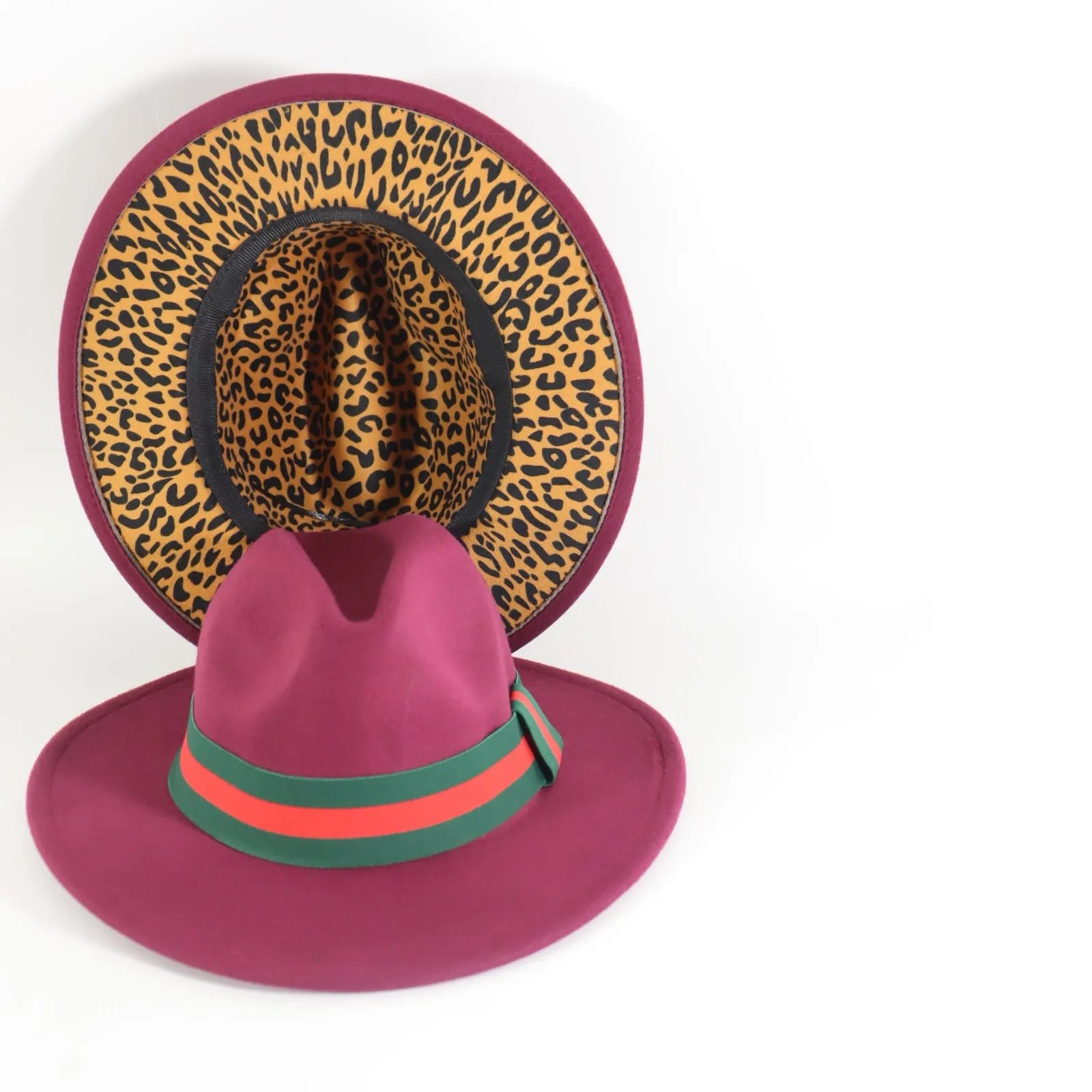 Burgundy Fedora Hat w/ Removable Band & Leopard Print Bottom