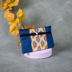 Cotton Multizip Purse Blue with Yellow Flower Design.