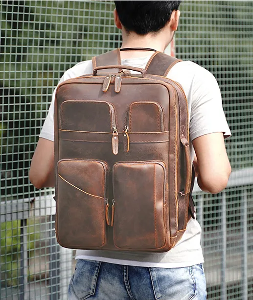 Crazy Horse Leather Backpack Retro School Backpack Stylish Laptop Backpack