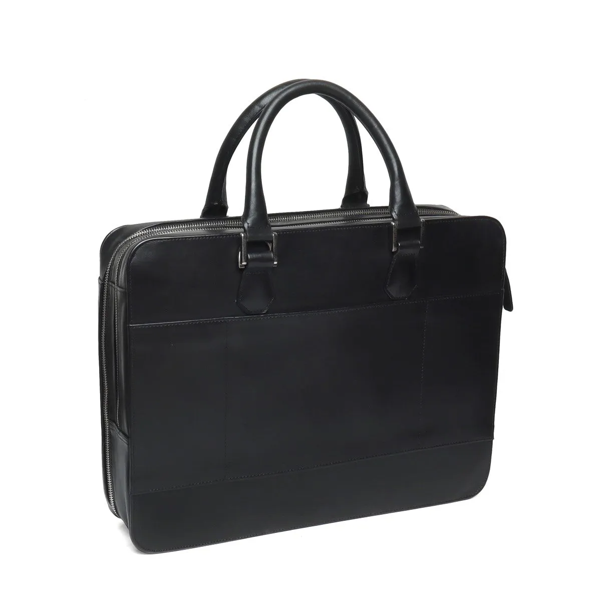 Dual Compartment Laptop Briefcase in Black Leather