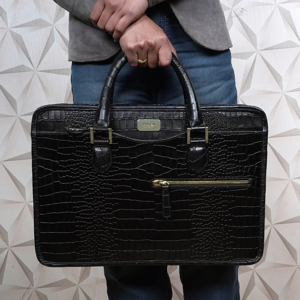 Efficient Laptop Briefcase Black Croco Leather Bag for Work and Travel by Brune & Bareskin