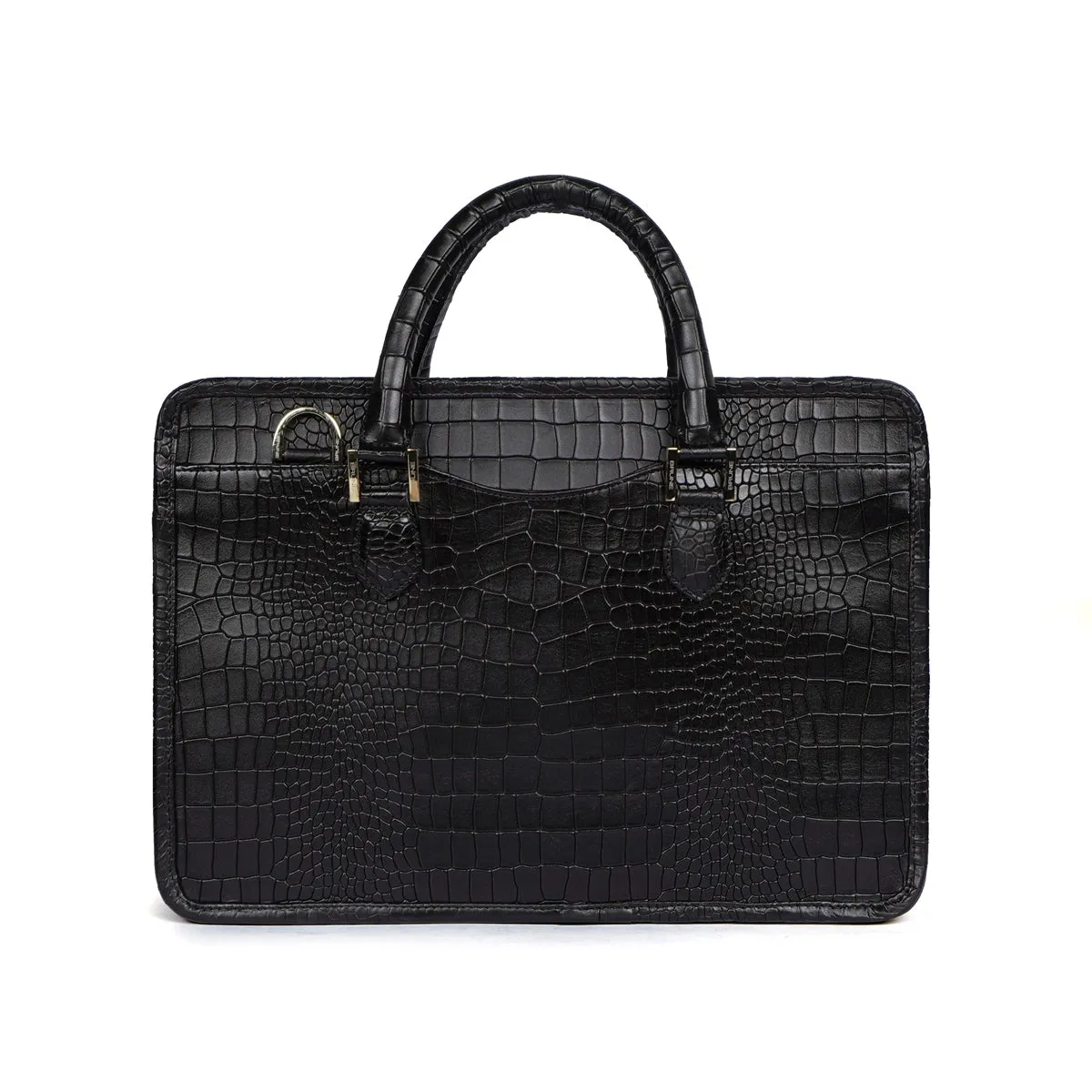 Efficient Laptop Briefcase Black Croco Leather Bag for Work and Travel by Brune & Bareskin