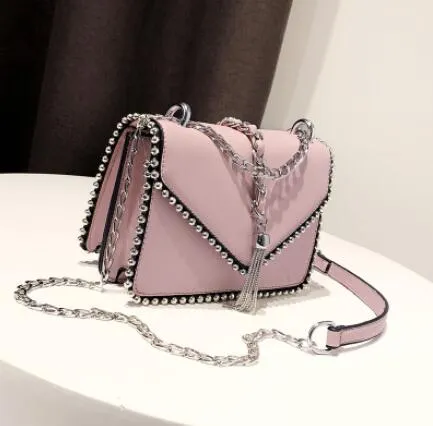 Fashion Leather Simple Small Square Handbag with Tassel Chain