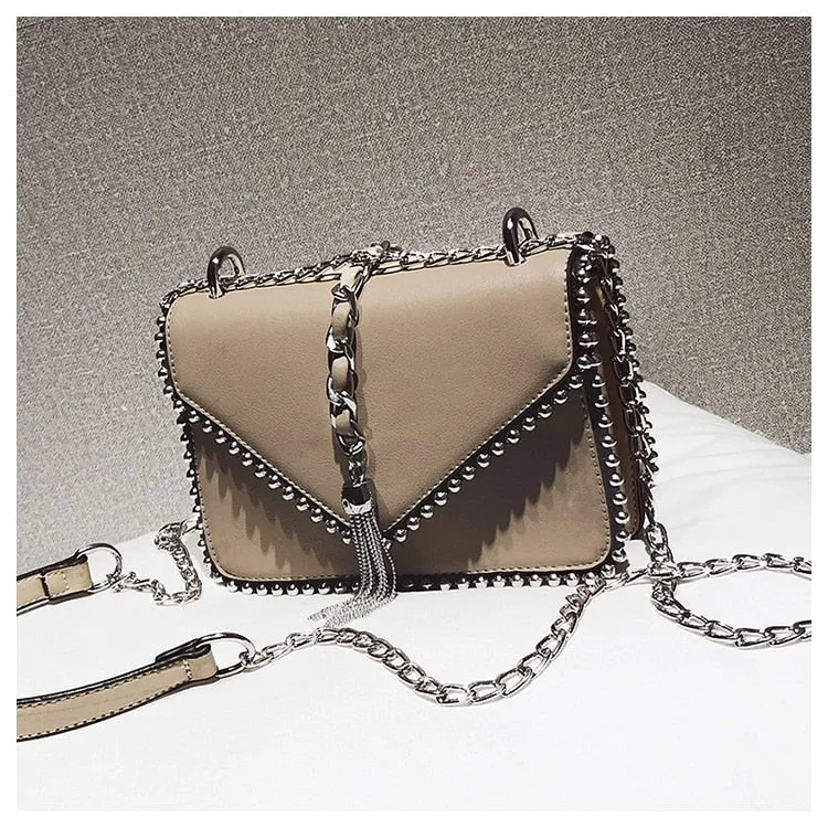 Fashion Leather Simple Small Square Handbag with Tassel Chain