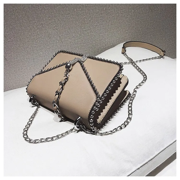 Fashion Leather Simple Small Square Handbag with Tassel Chain