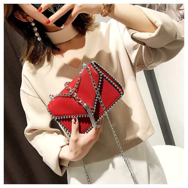 Fashion Leather Simple Small Square Handbag with Tassel Chain