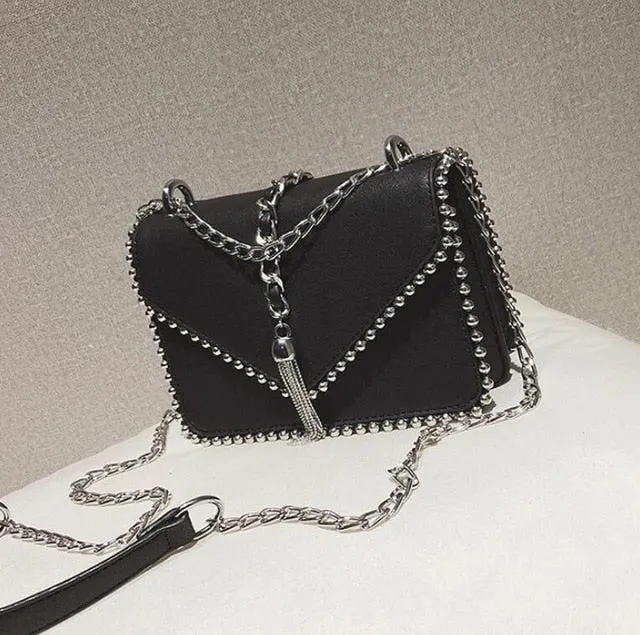 Fashion Leather Simple Small Square Handbag with Tassel Chain