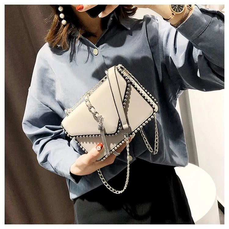 Fashion Leather Simple Small Square Handbag with Tassel Chain