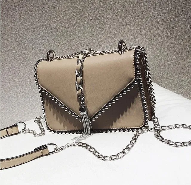 Fashion Leather Simple Small Square Handbag with Tassel Chain