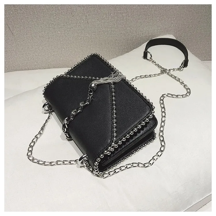 Fashion Leather Simple Small Square Handbag with Tassel Chain