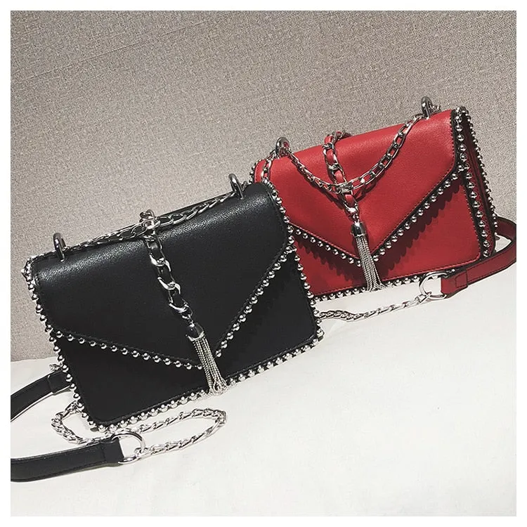 Fashion Leather Simple Small Square Handbag with Tassel Chain