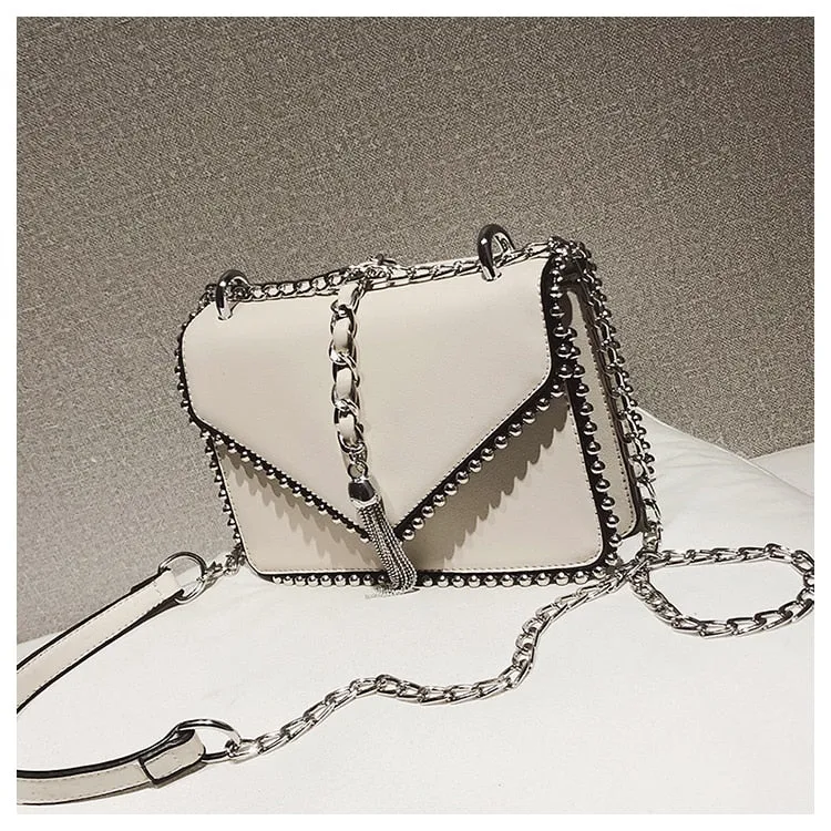 Fashion Leather Simple Small Square Handbag with Tassel Chain