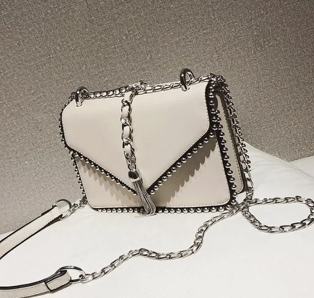 Fashion Leather Simple Small Square Handbag with Tassel Chain