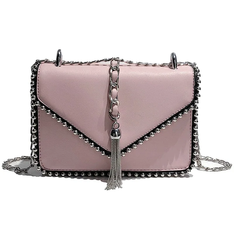 Fashion Leather Simple Small Square Handbag with Tassel Chain