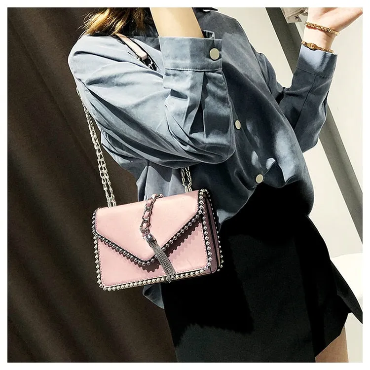 Fashion Leather Simple Small Square Handbag with Tassel Chain