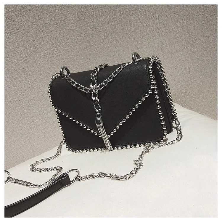 Fashion Leather Simple Small Square Handbag with Tassel Chain