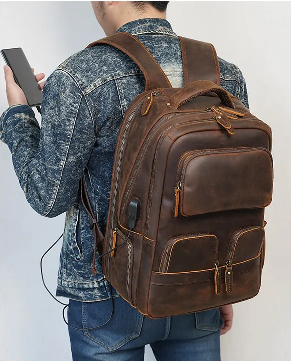 Full Grain Leather Backpack with USB Port Large Capacity Laptop Backpack School Backpack