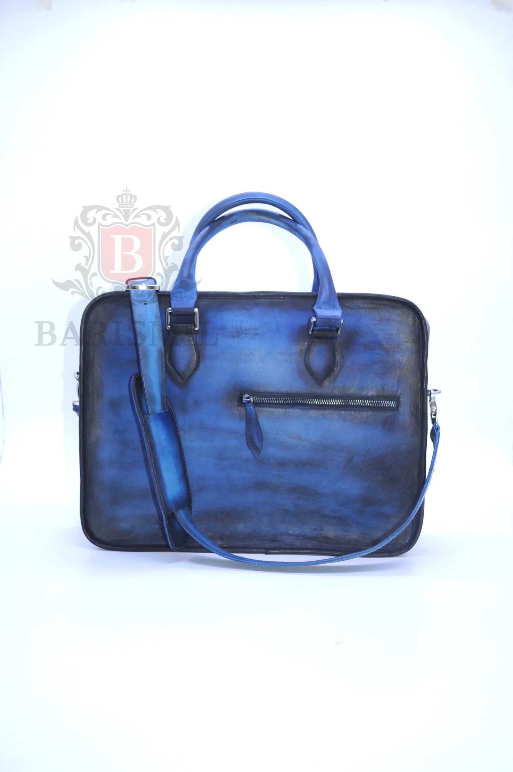 Full Grain Leather Briefcase - Blue Patina