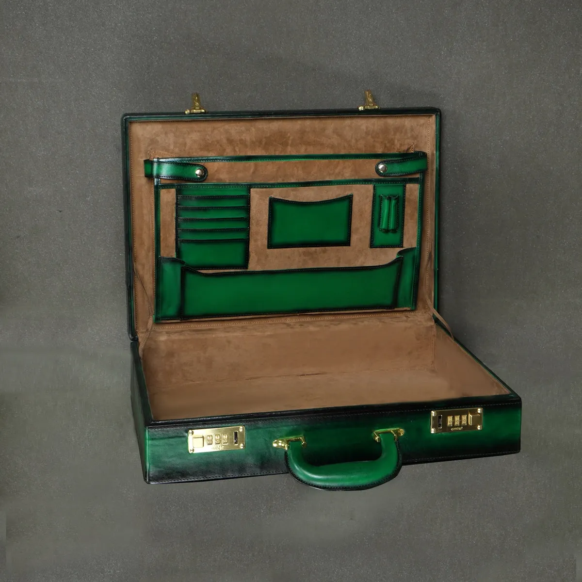 Hand Painted Office Briefcase in Green Leather Hard Case