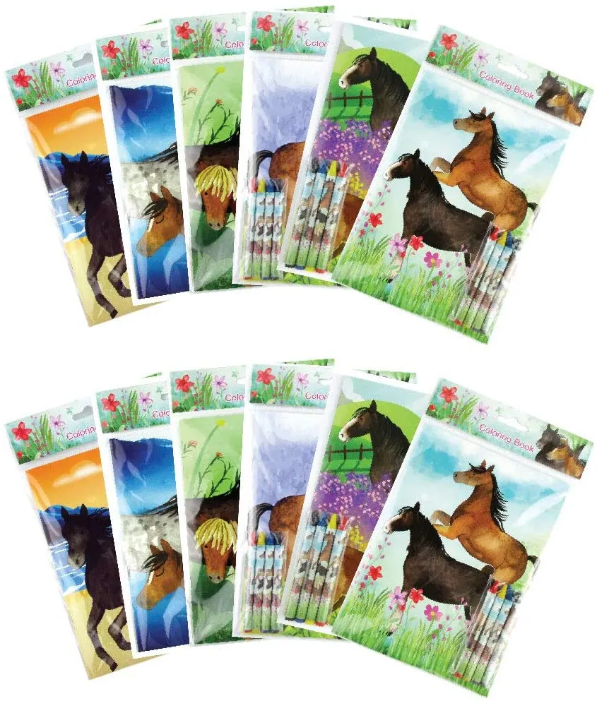 Horses Coloring Books with Crayons Party Favors - Set of 6 or 12