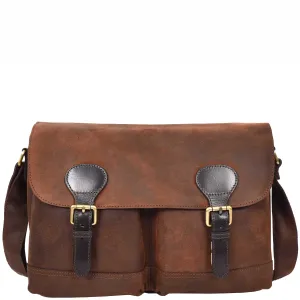 Mens Distressed Leather Satchel Twin Buckle Vintage Brown Messenger Laptop Bag A561