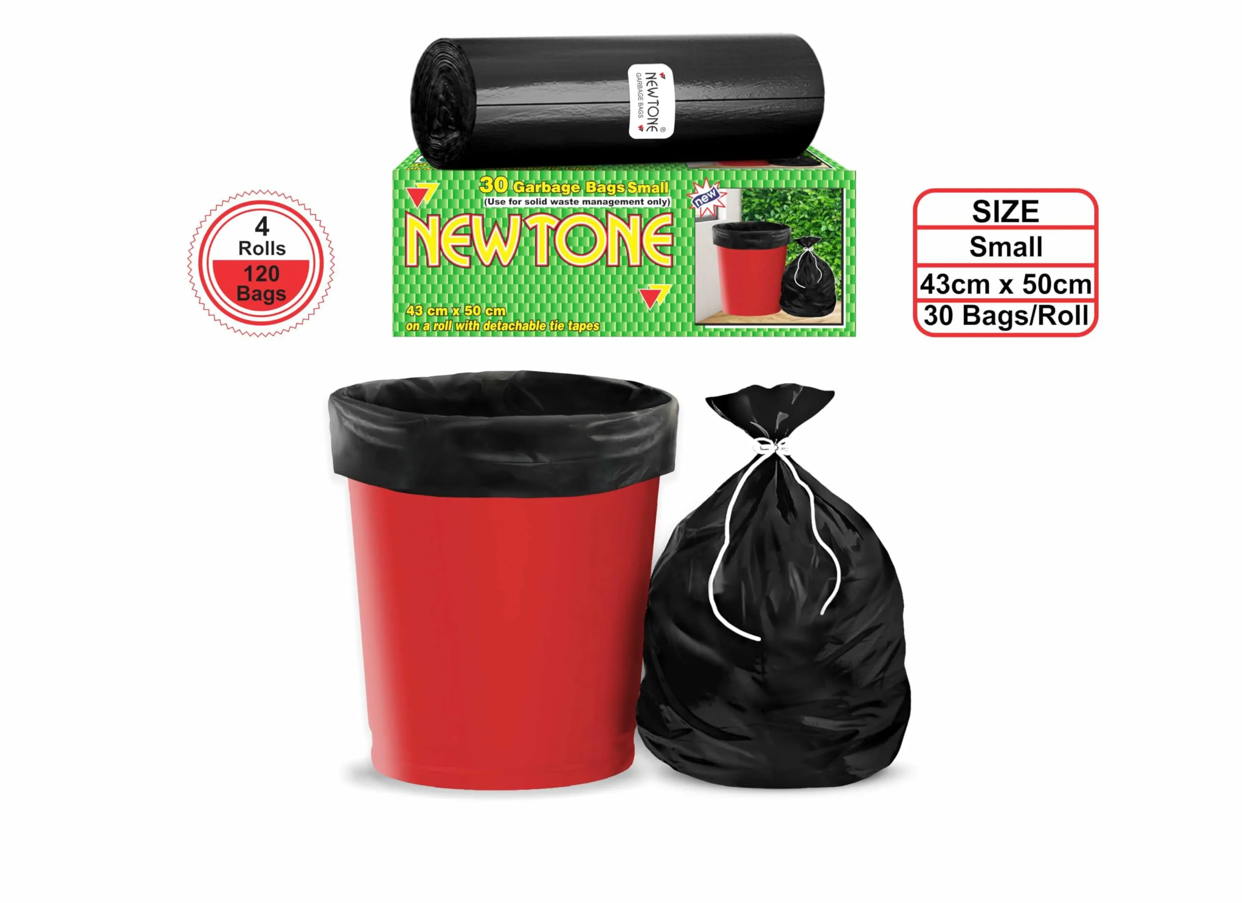 Newtone Premium Garbage Bags (Small) Size 43 cm x 51 cm 4 Rolls (120 Bags) (Black Color) (Dustbin Bag/Trash Bag) (Black Color)