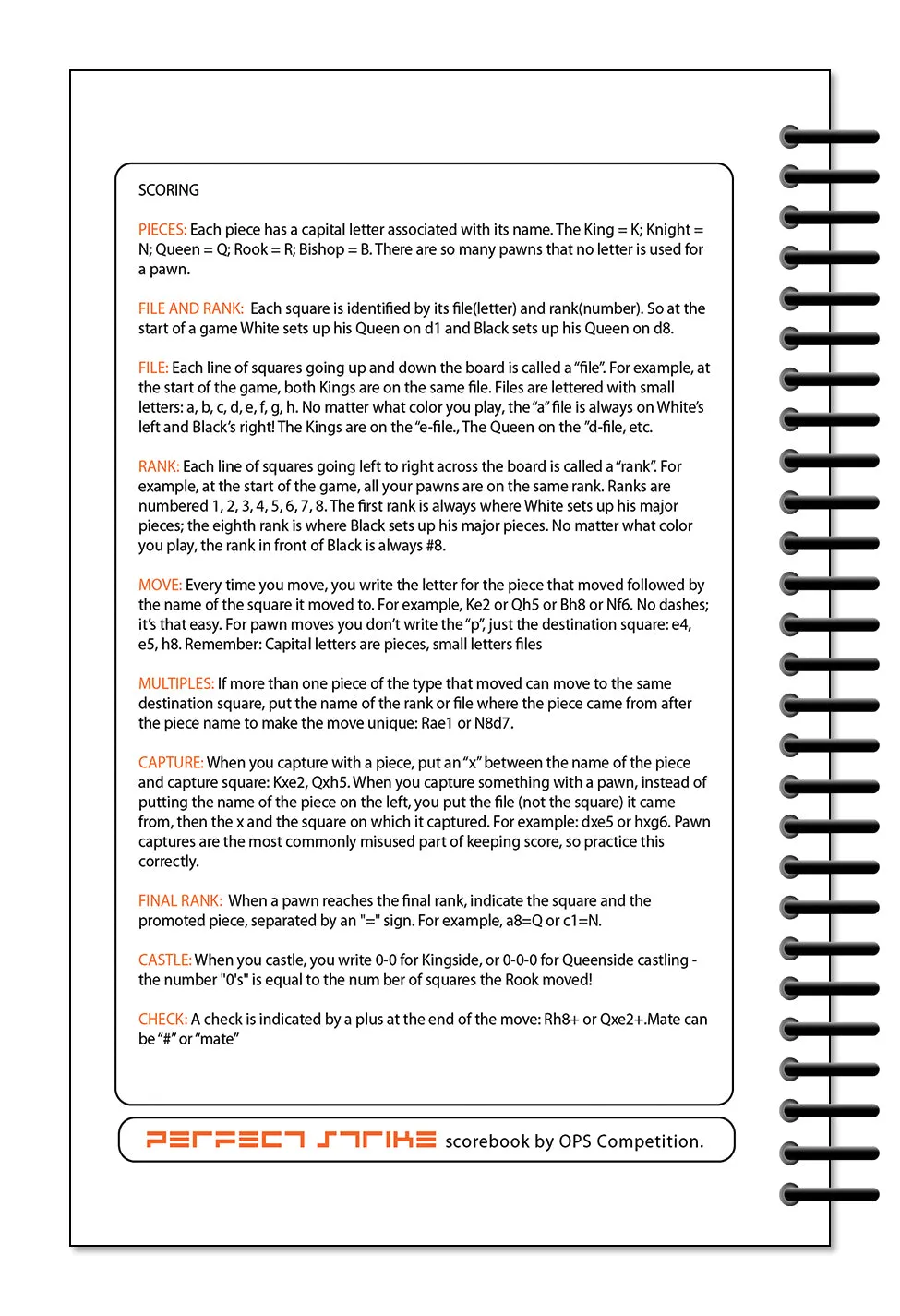 Perfect Strike Chess SCOREBOOK with Rules and Scoring Instructions. Heavy duty. Practice and Competition. (5.5" x 8.5") LS-100:60