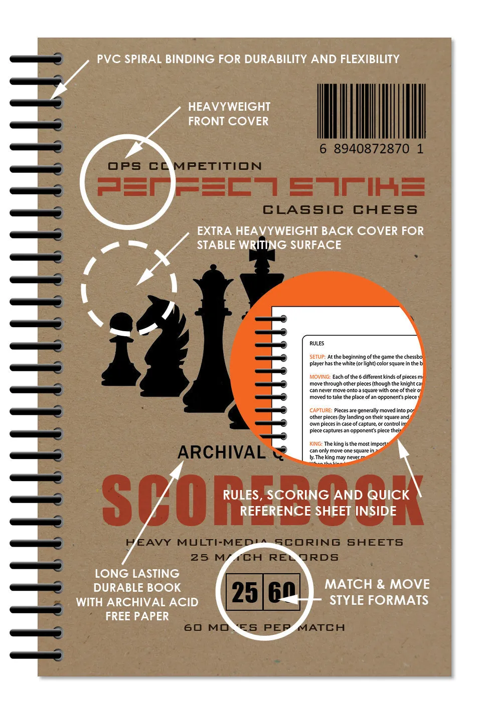 Perfect Strike Chess SCOREBOOK with Rules and Scoring Instructions. Heavy duty. Practice and Competition. (5.5" x 8.5") LS-100:60