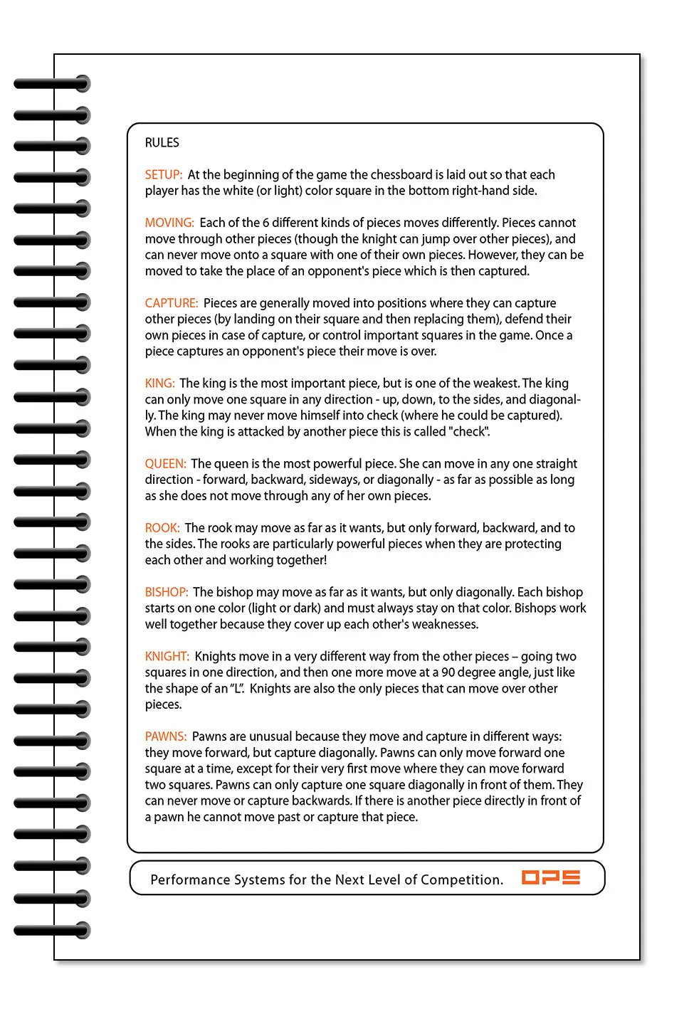 Perfect Strike Chess SCOREBOOK with Rules and Scoring Instructions. Heavy duty. Practice and Competition. (5.5" x 8.5") LS-50:60