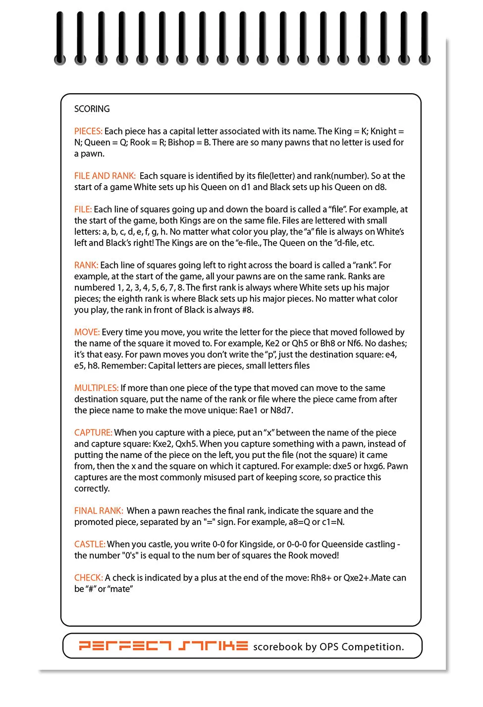 Perfect Strike Chess SCOREBOOK with Rules and Scoring Instructions. Heavy duty. Practice and Competition. (5.5" x 8.5") TS-100:60