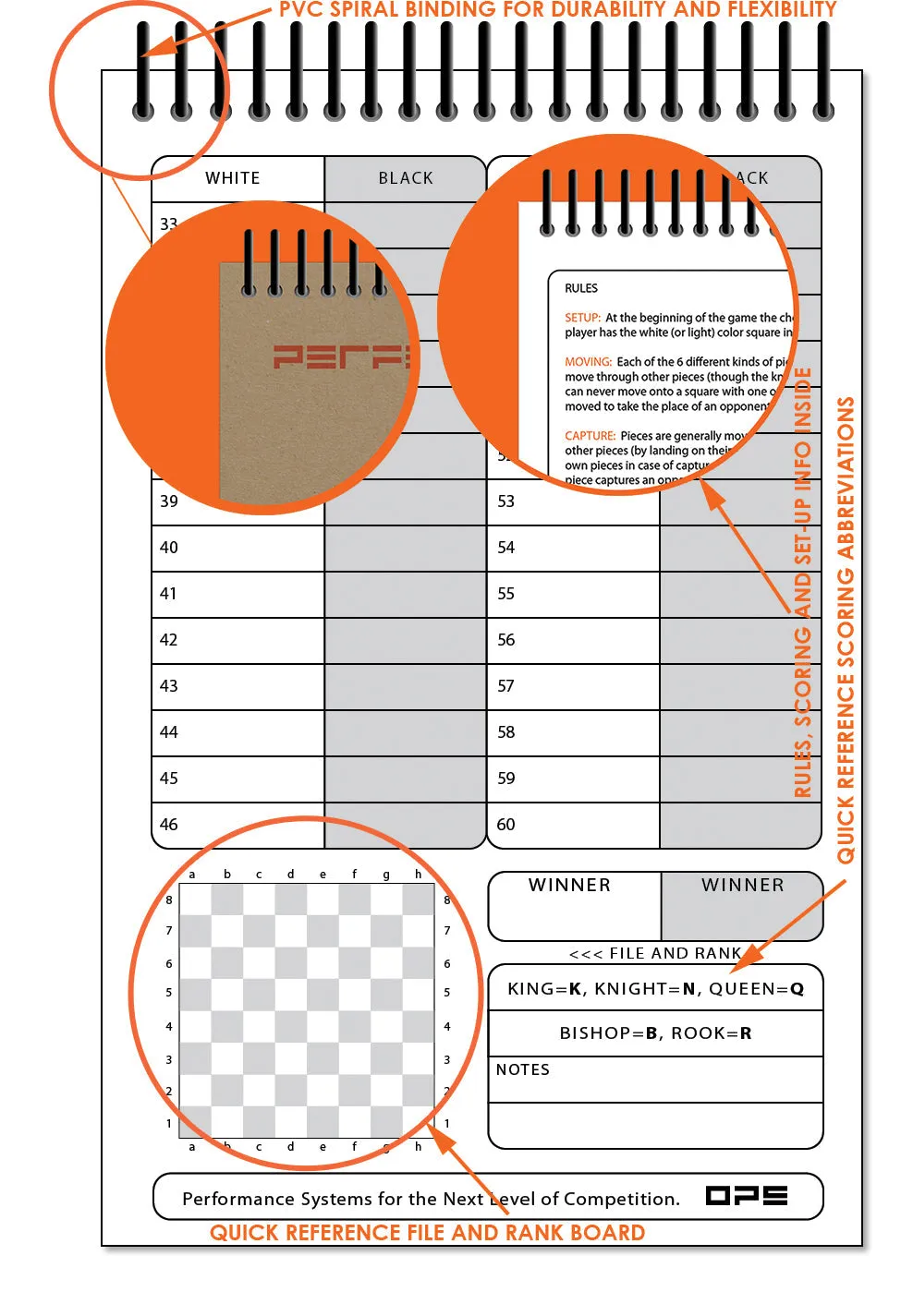 Perfect Strike Chess SCOREBOOK with Rules and Scoring Instructions. Heavy duty. Practice and Competition. (5.5" x 8.5") TS-100:60