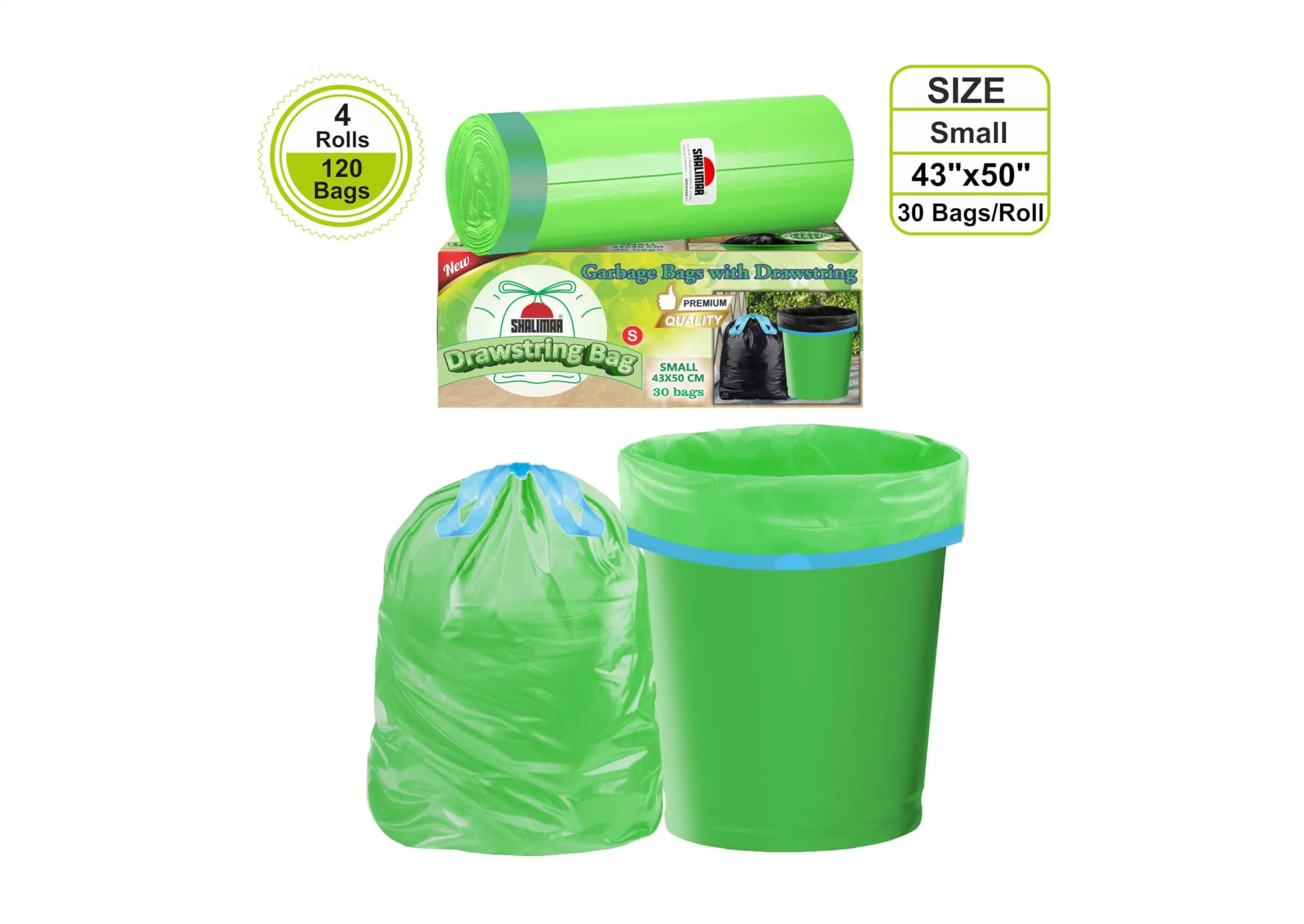 Shalimar Premium Drawstring Garbage Bags Size 17 X 19 Inches (Small) 120 Bags (4 rolls) Dustbin Bag/Trash Bag - Green Color