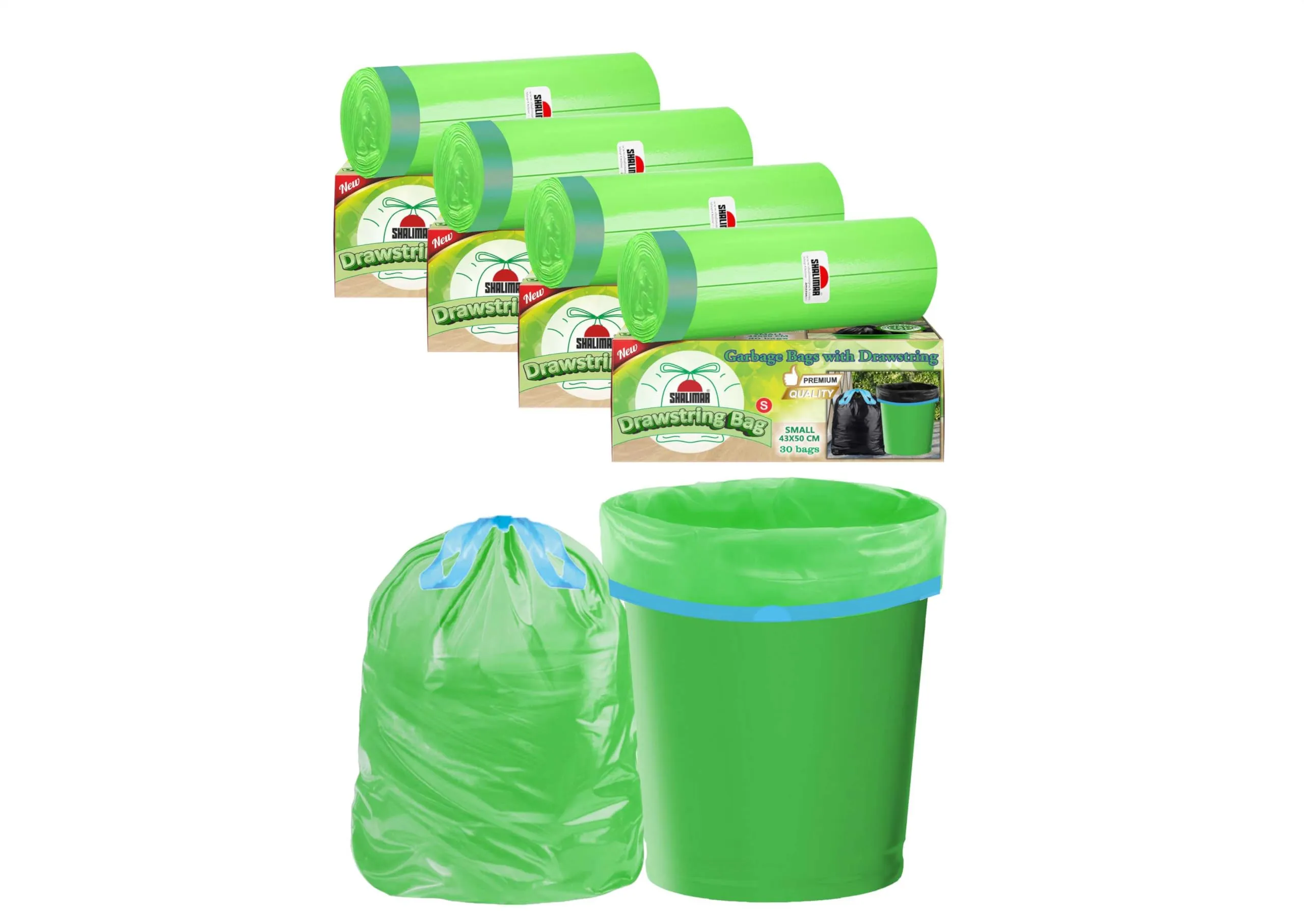 Shalimar Premium Drawstring Garbage Bags Size 17 X 19 Inches (Small) 120 Bags (4 rolls) Dustbin Bag/Trash Bag - Green Color