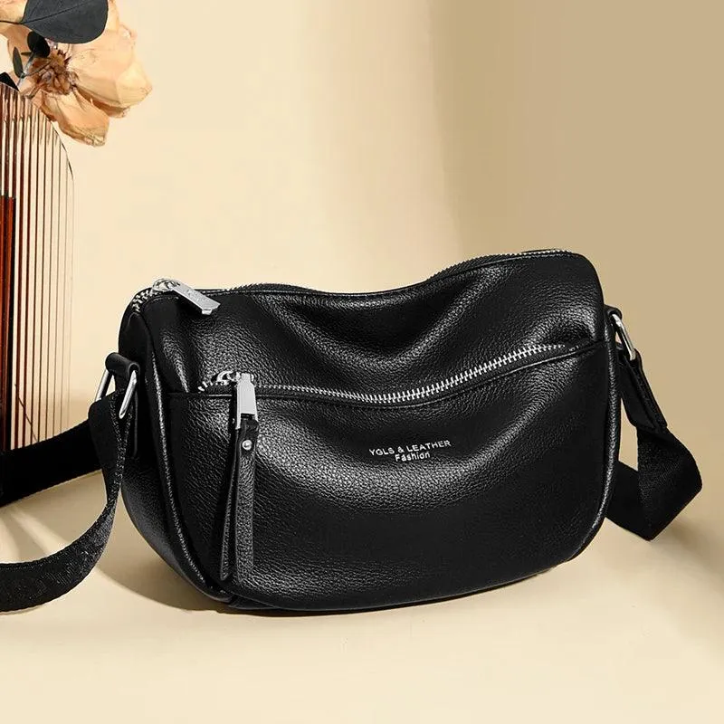 Soft Leather Sling Bag Zipper Fashion Solid Crossbody Purses