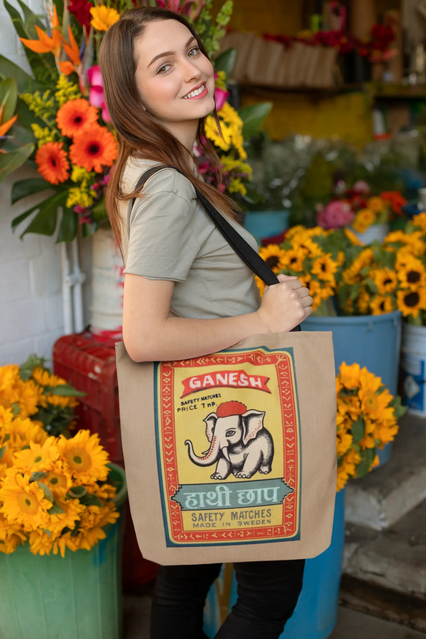 Vintage Indian Matchbox Art Tote Bag: Ganesh