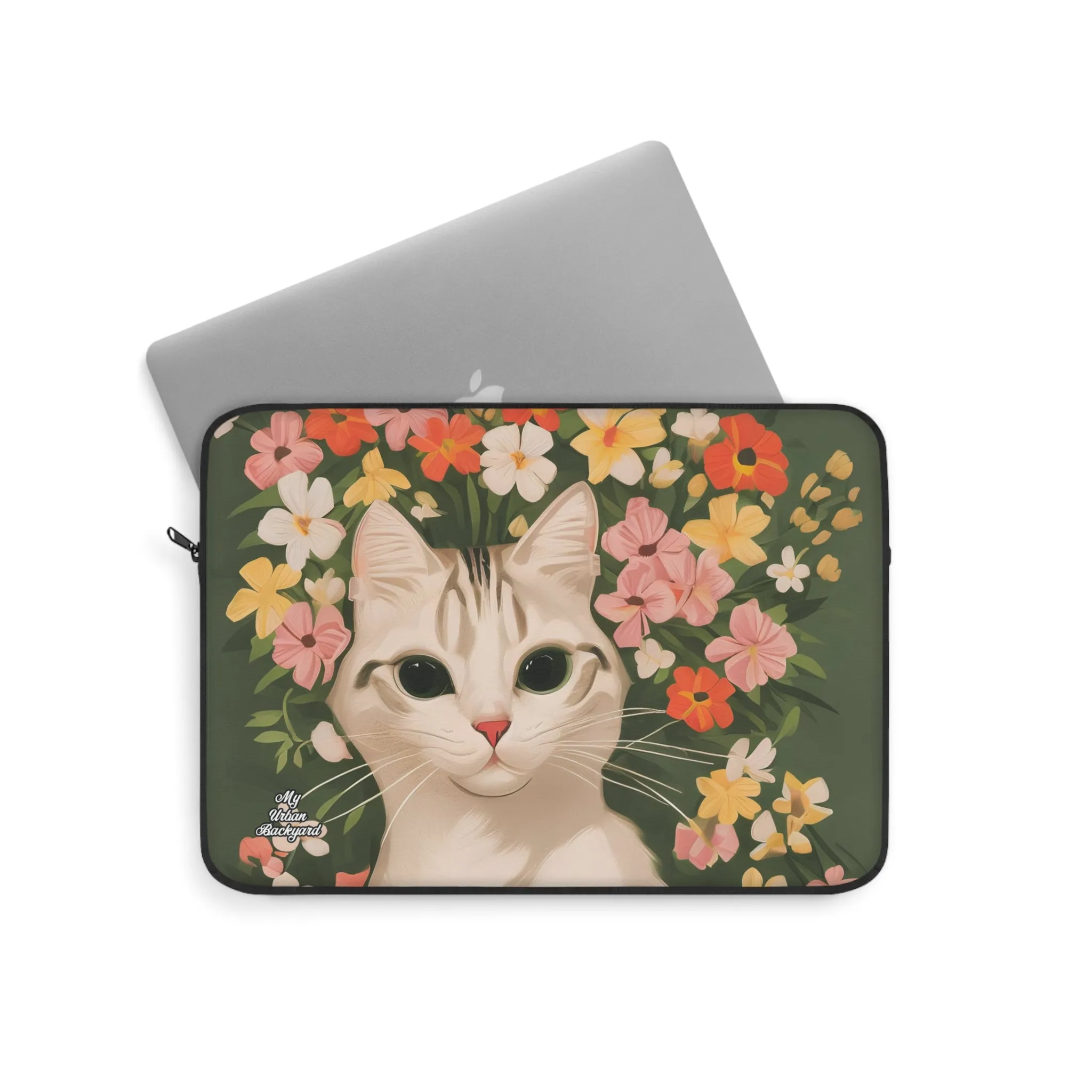 White Cat with Flowers, Laptop Carrying Case, Top Loading Sleeve for School or Work