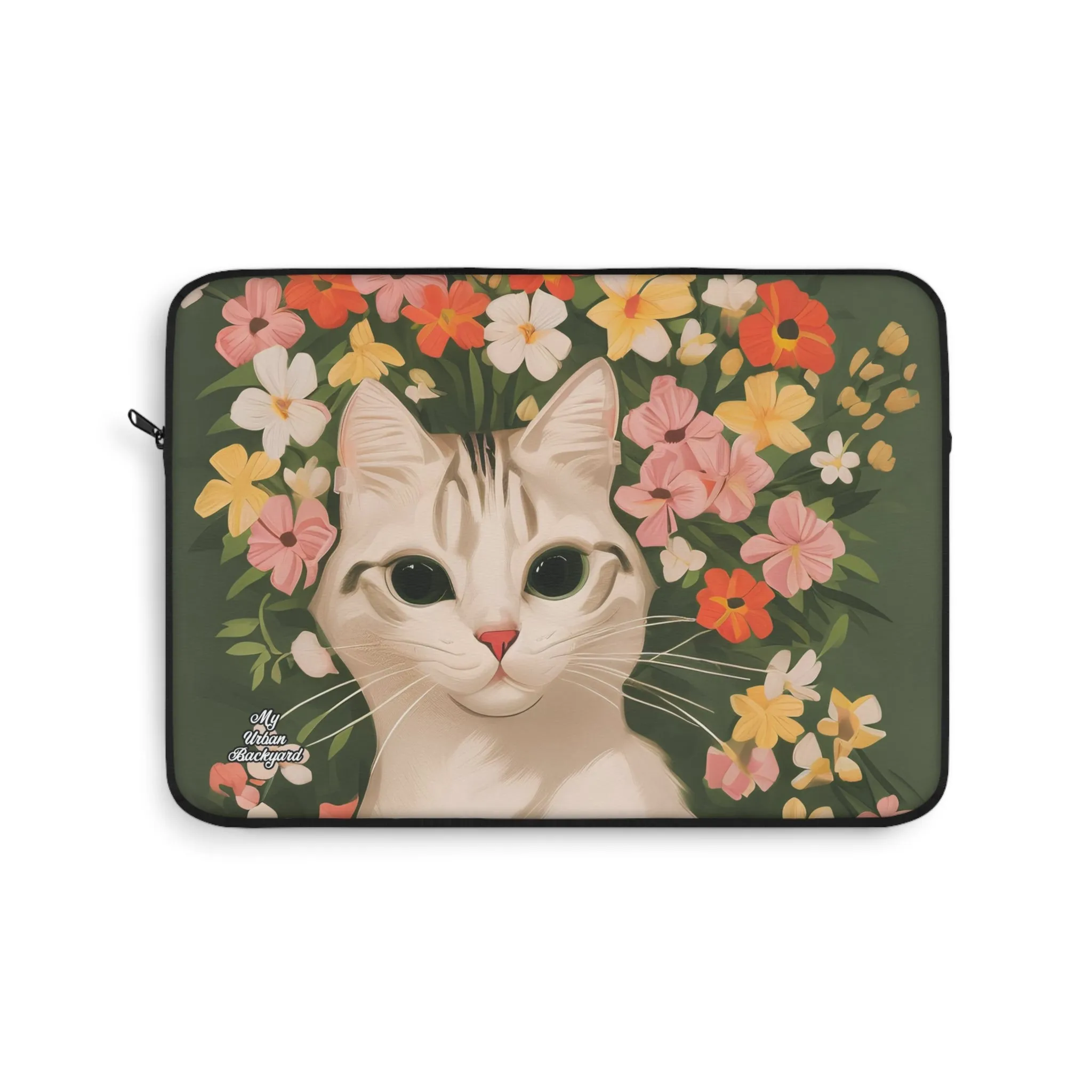 White Cat with Flowers, Laptop Carrying Case, Top Loading Sleeve for School or Work