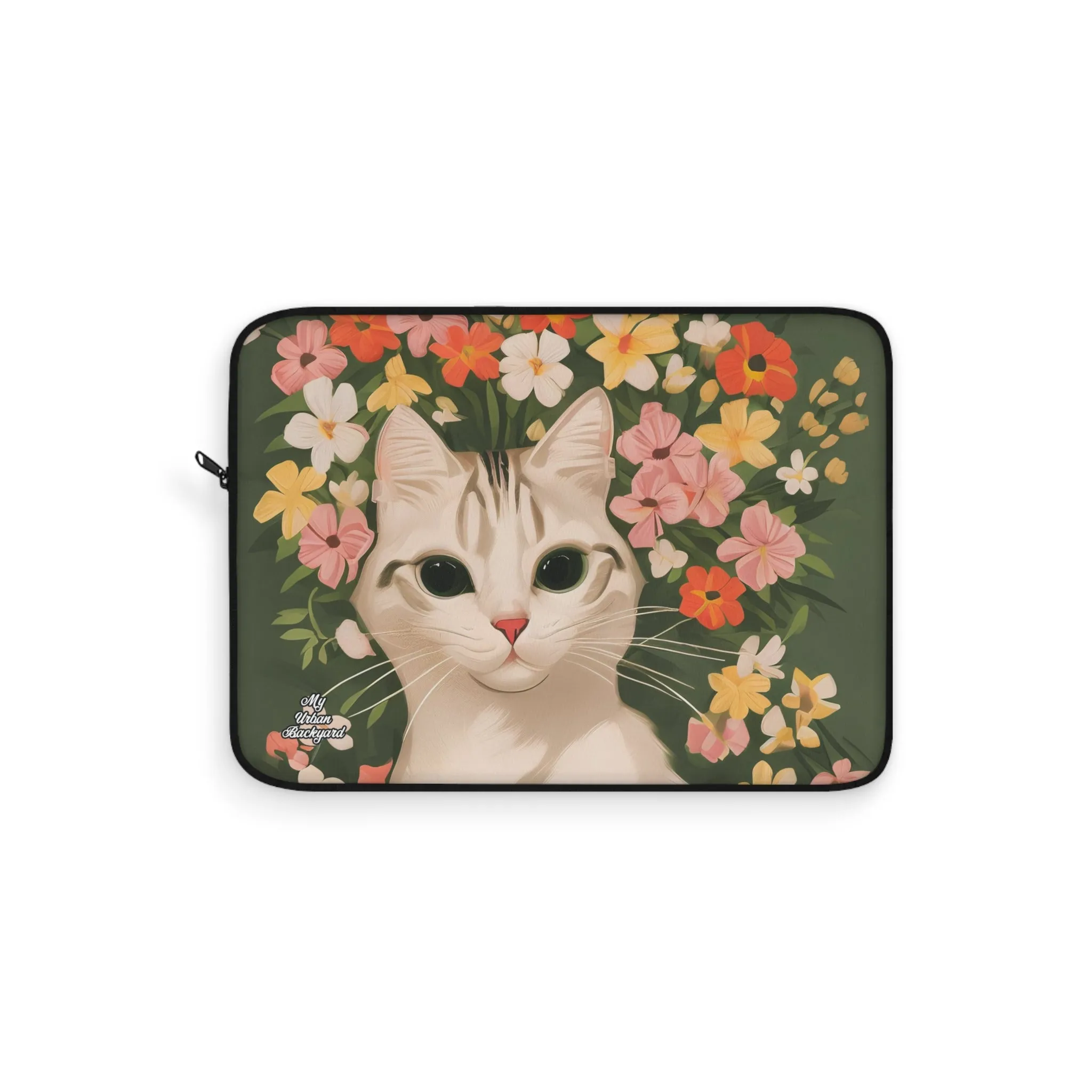 White Cat with Flowers, Laptop Carrying Case, Top Loading Sleeve for School or Work