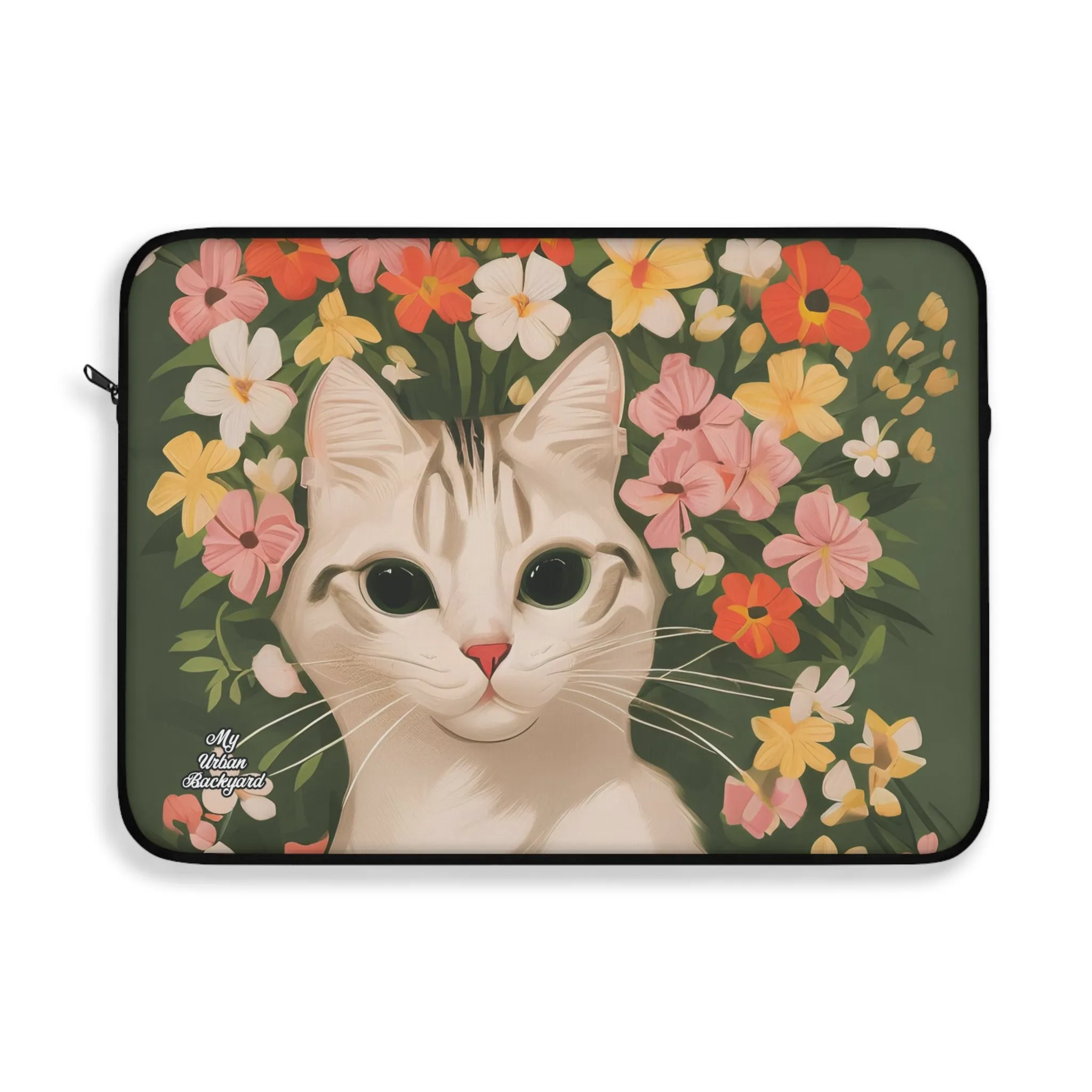 White Cat with Flowers, Laptop Carrying Case, Top Loading Sleeve for School or Work