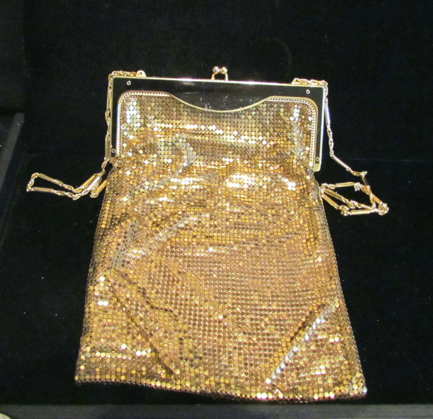 Whiting & Davis Art Deco Gold Mesh & Black Enamel Purse 1940's Flapper Evening Handbag RARE